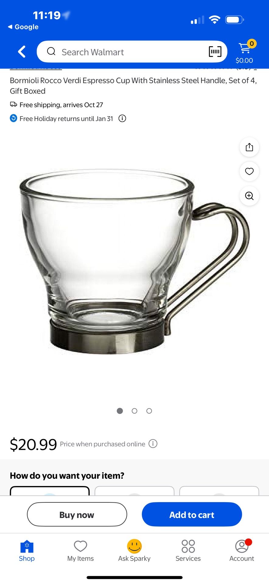 Bormioli Rocco Verdi Espresso Cup With Stainless Steel Handle, Set Of 6