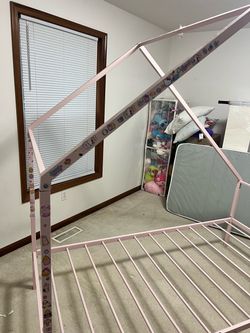 Twin Pink Metal House Bed Frame with Trundle
