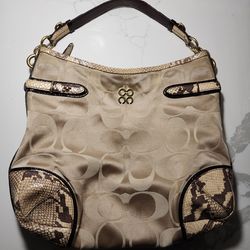 Coach Colette Signature Sateen and Python Shoulder Hobo Bag