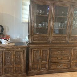 Solid Wood Vintage China Cabinet Hutch + Buffet Sideboard Set – Carved Wood, Storage & Display