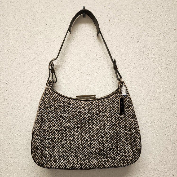 Coach Tweed Olive Green Patent Leather Handbag Purse Bag Wool 8116