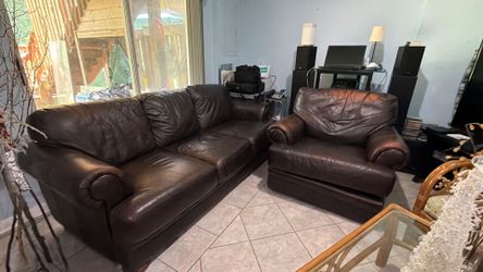 Dark Brown Leather Sofa and Armchair Set