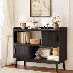 44" Sideboard Buffet Cabinet with Outlet & 2 Open Storage Spaces, Fluted Sideboard Cabinet with Sliding Door & Adjustable Shelves, Mid-Century Accent 