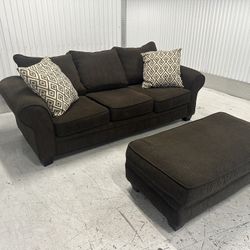 Comfy Brown Sofa Couch With Ottoman