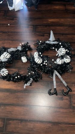 Halloween Witch Wreath and garland Black and White Set of 2