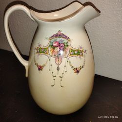 Antique Large Floral Bouquet Water Pitcher-13" tall