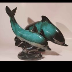 Vintage Set Of 2 Drip Glaze Dolphin Mom & Baby  Figurines By Blue Mountain Pottery