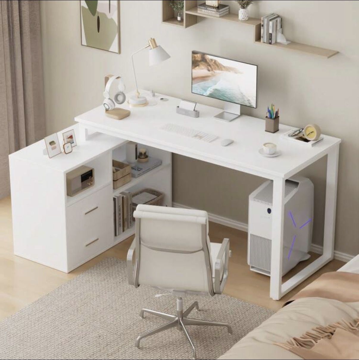 L Shaped Desk With Power Outlets, 55" Reversible Corner Gaming Computer Desk With File Drawer,Home Office Desk With Storage Shelves