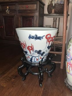 Large Asian Bowl With Wood Stand