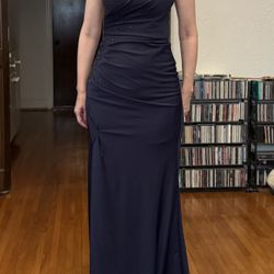 NWT Aspeed Design Navy Blue Beaded Backless Evening Wedding Maxi Dress with Slit, size XS