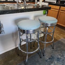 (2) Chrome Swivel Bar Stools w Footrests - Mint Green Fabric Covered Padded Seats