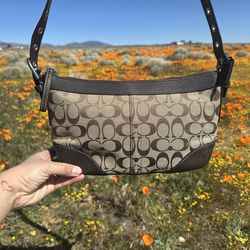 Coach Signature East-West Shoulder Bag Khaki Brown Leather Trim Zip Top