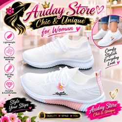 Women's White Knit Sneakers with Floral Detail Size:6