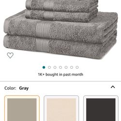 Amazon Basics 6-Piece Fade Resistant Bath towel, Hand and Washcloth Set - Cotton, Gray, 14.25" L x 10.85" W