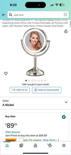 VESAUR 10" Extra Large and 17" Tall Lighted Makeup Mirror, 1X/5X Magnifying Vanity Mirror with 3 Colors Dimmable, 62 Premium LED Lights, 360° Rotation