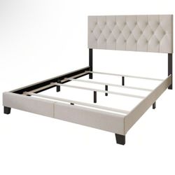 Queen Size Beige Fabric Bed Frame