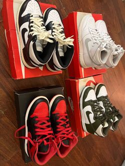 I have here are 3 pairs of Nike dunks high in perfect condition my daughter wore each pair 3 times size 7.5  asking $80 each the black and red Jordan 