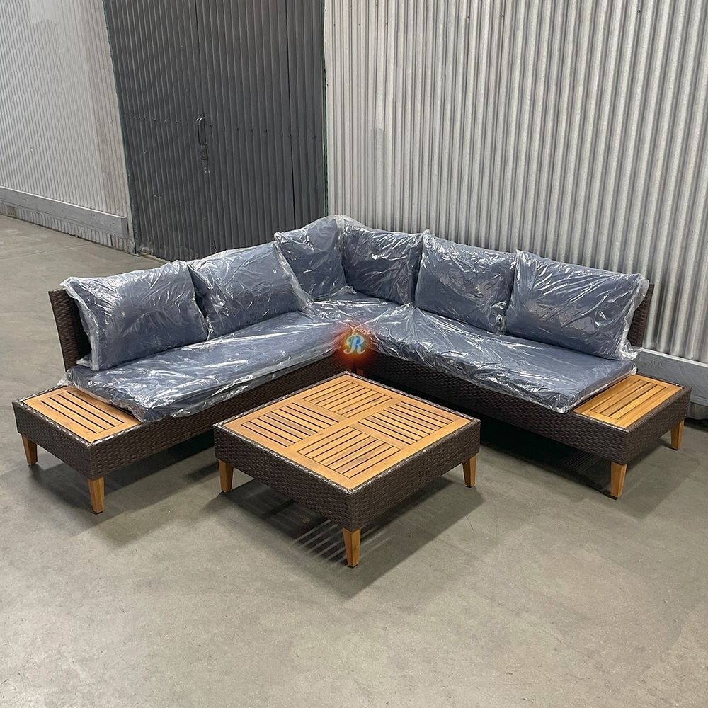 Outdoor Patio Furniture Sectional Wicker With Acacia Wood Side Table