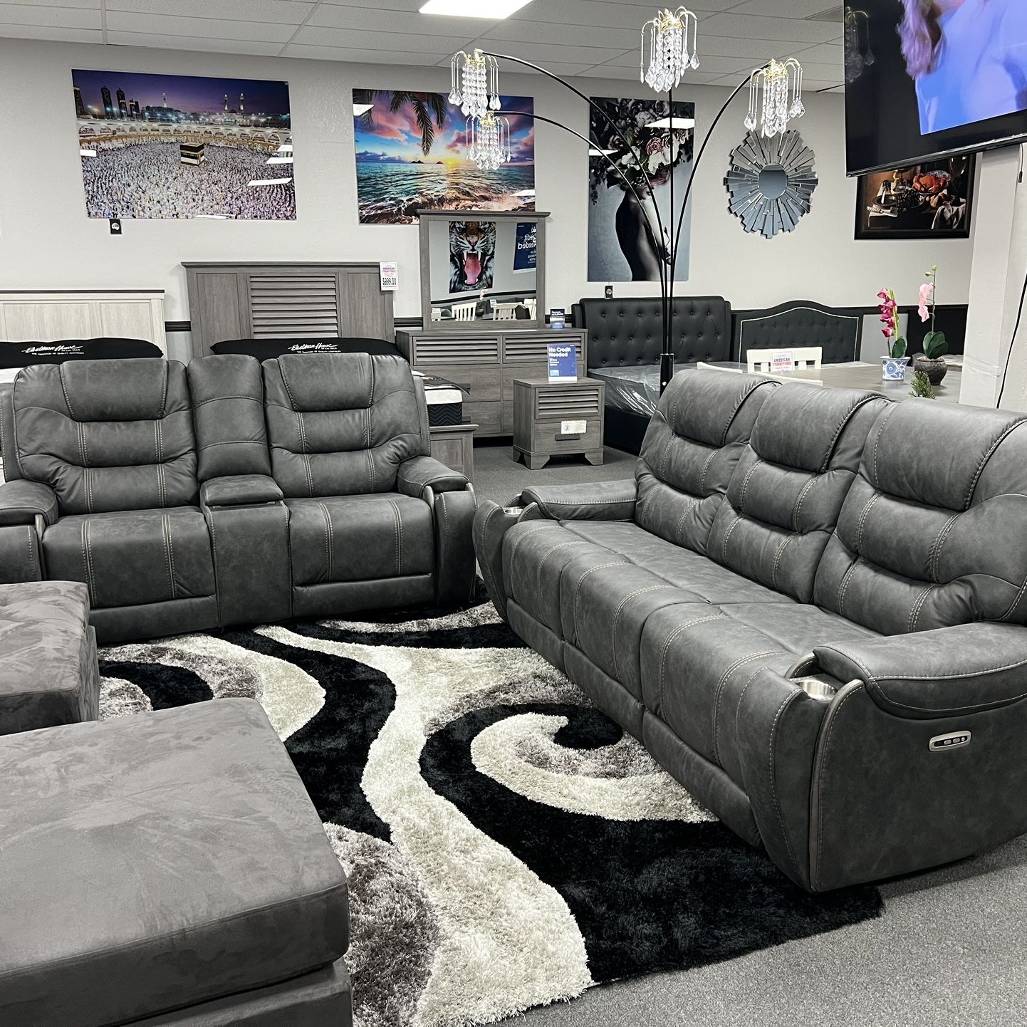 2PC Gray Sofa & Loveseat w/ Power Motion Recliners & Adjustable Head Rest 