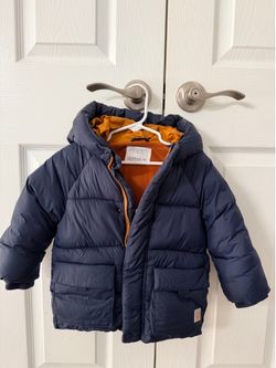 Zara Baby Boys Hooded Puffer Jacket - Navy Blue & Tan (Size 18-24 Months)