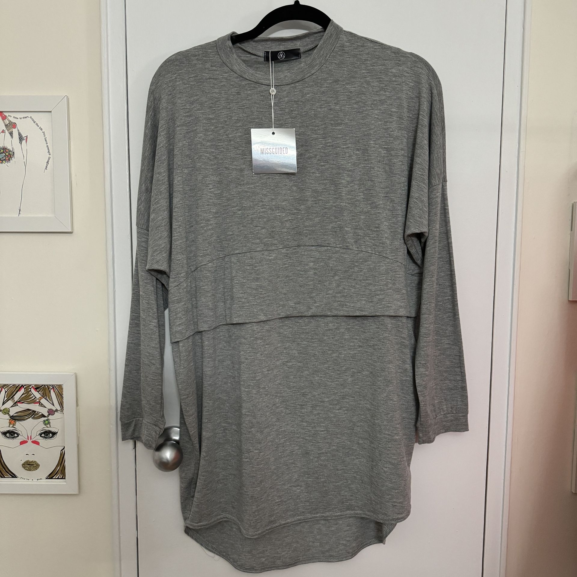 NWT NEW Missguided Gray Overlay Long Sleeve T- Shirt Dress Size 0