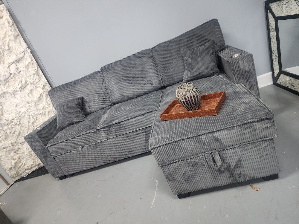 Pullout Sofa Storage Chaise Sectional Grey Cup