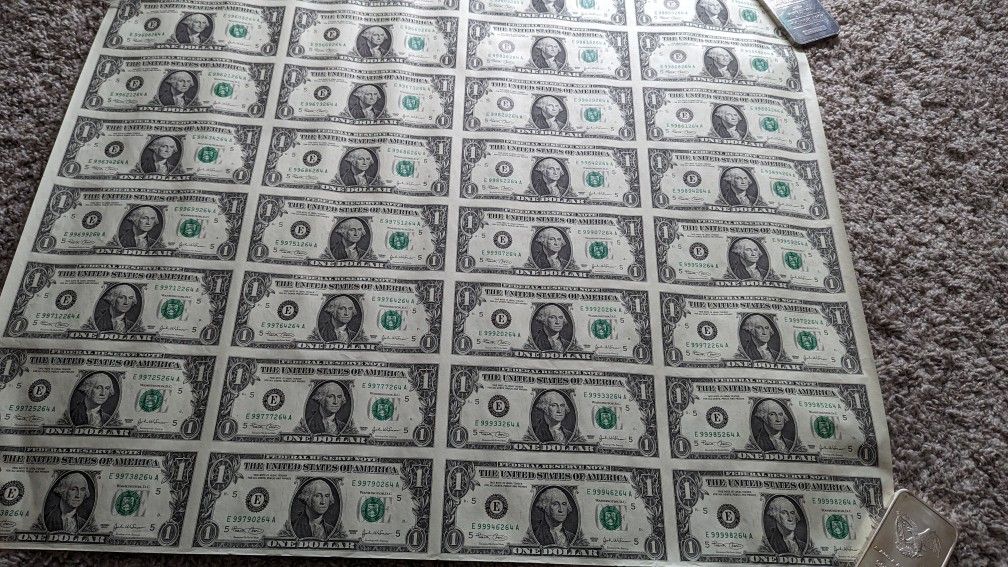 32- $1 Uncut Sheet Bills In Mint Condition