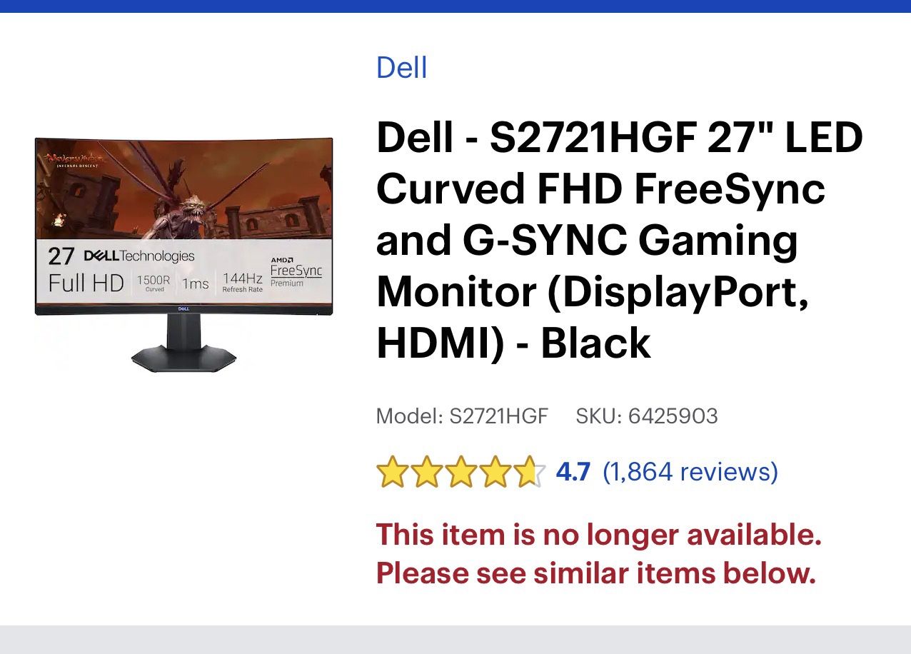 27 Inch Dell Curve Monitor LED FreeSync & G-Sync Gaming