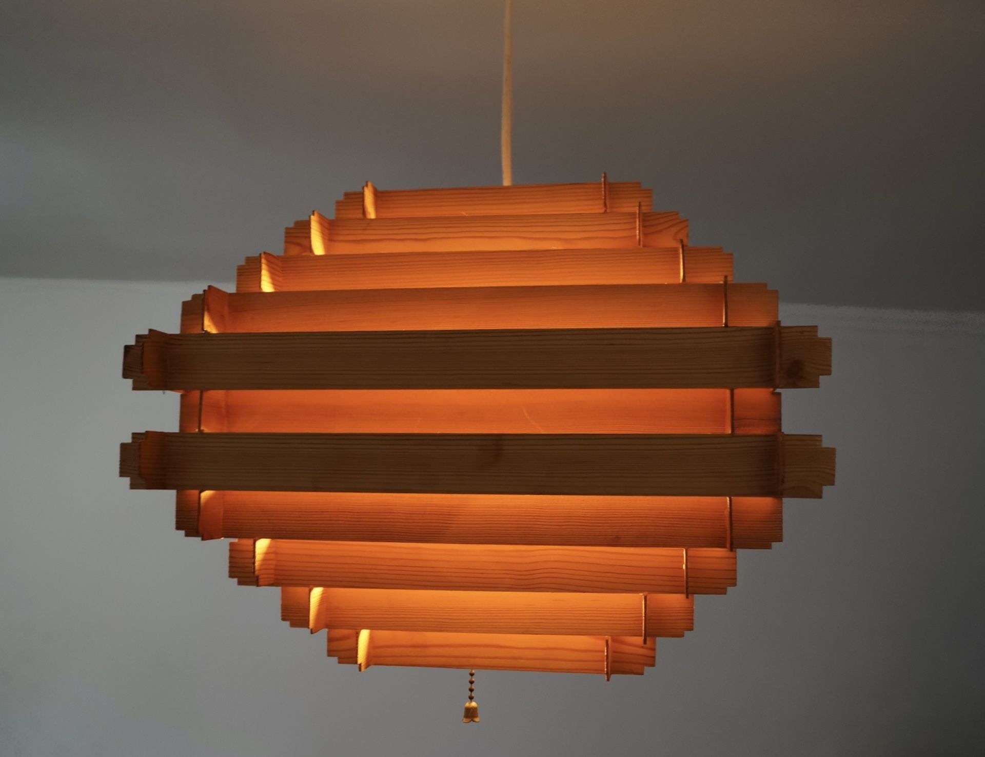 1970βs Mid Century Modern Slat Wood Ceiling Light Fixture Pendant