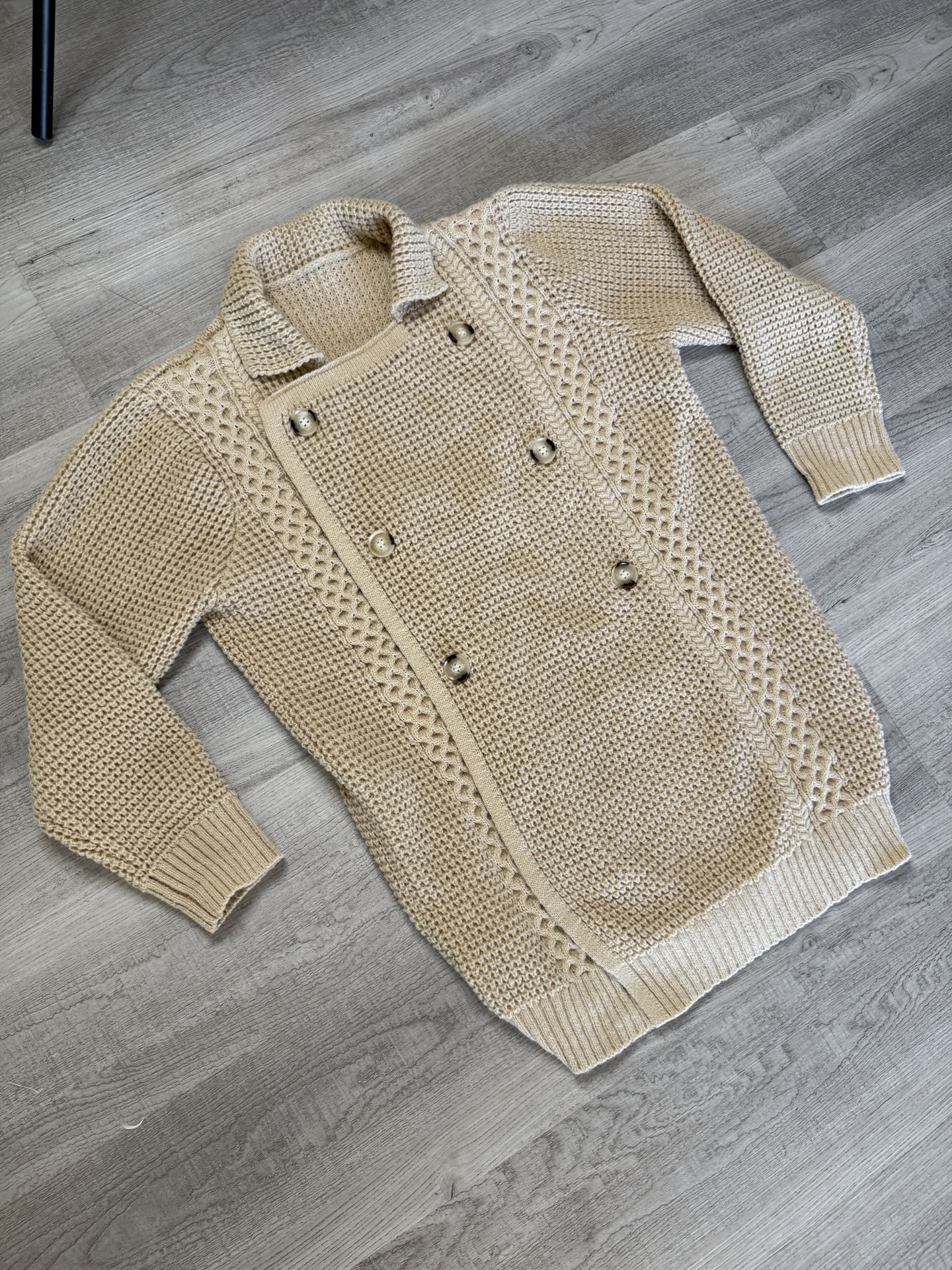 Beige Cream Chunky Cable Knit Double Breasted Fisherman Peacoat Sweater Large