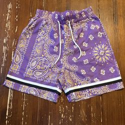 Romwe Men's Size Small  Royal Kobe Purple Gold Paisley Shorts with Drawstring