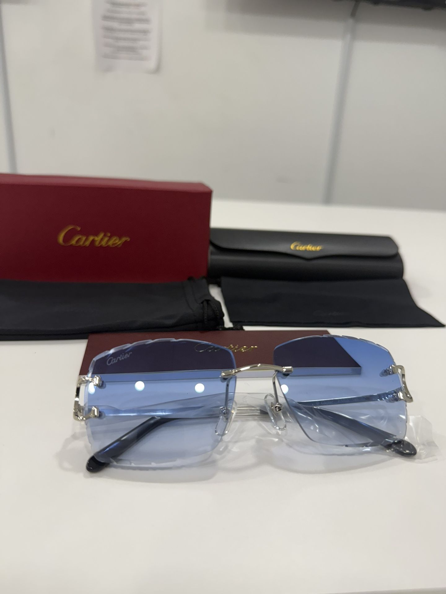 Cartier Glasses (Diamond Cut), Blue Lense, Silver Frame