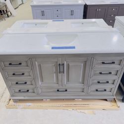 Brand New 60 in. W x 22 in. D Single Sink Bath Vanity in Rustic Gray with White Marble Top $929 