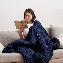 Bearable Organic Cotton Chunk-Knitted Midnight Blue Napper Weighted Blanket NWT