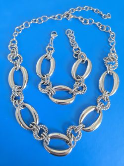 Vintage Stainless Steel Polished Chunky Design Necklace and Bracelet Set 