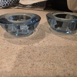 Set of 2 Blue Glass Candle Holders
