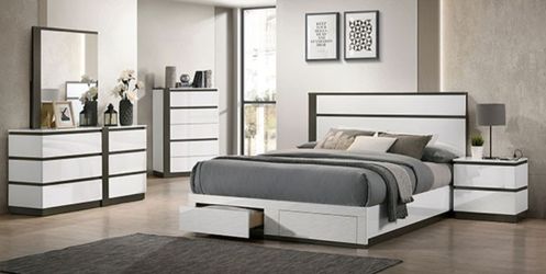 Brand New White & Grey 4pc Queen Bedroom Set (Available In California & Eastern King)