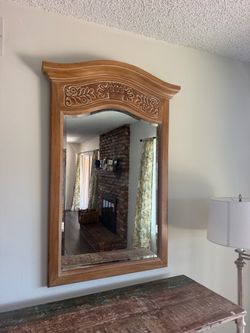 Wood Framed Wall Mirror with Carved Detail