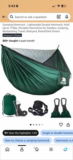 New in box Camping Hammock - Lightweight Double Hammock, Hold Up to 772lbs, Portable Hammocks for Outdoor, Camping, Backpacking, Travel, Backyard, Bea