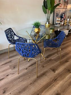 Navy Blue Gold Modern Glass Dining Set 