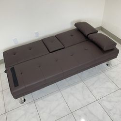 (NEW) $155 Folding Futon Sofa Bed Recliner Convertible Couch 65x30x31 Inches, Brown/Gray 