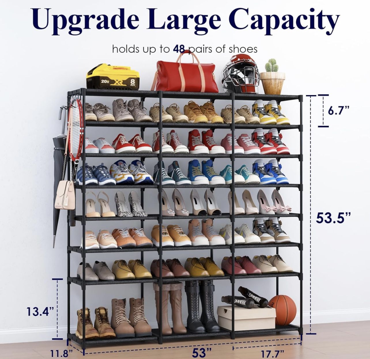 8-Tier Tall Shoe Rack for Closet - Shoe Organizer with Hook Rack, Metal Space-Saving Shoe Shelf for Entryway, Closet, Garage, Bedroom, Cloakroom, Blac