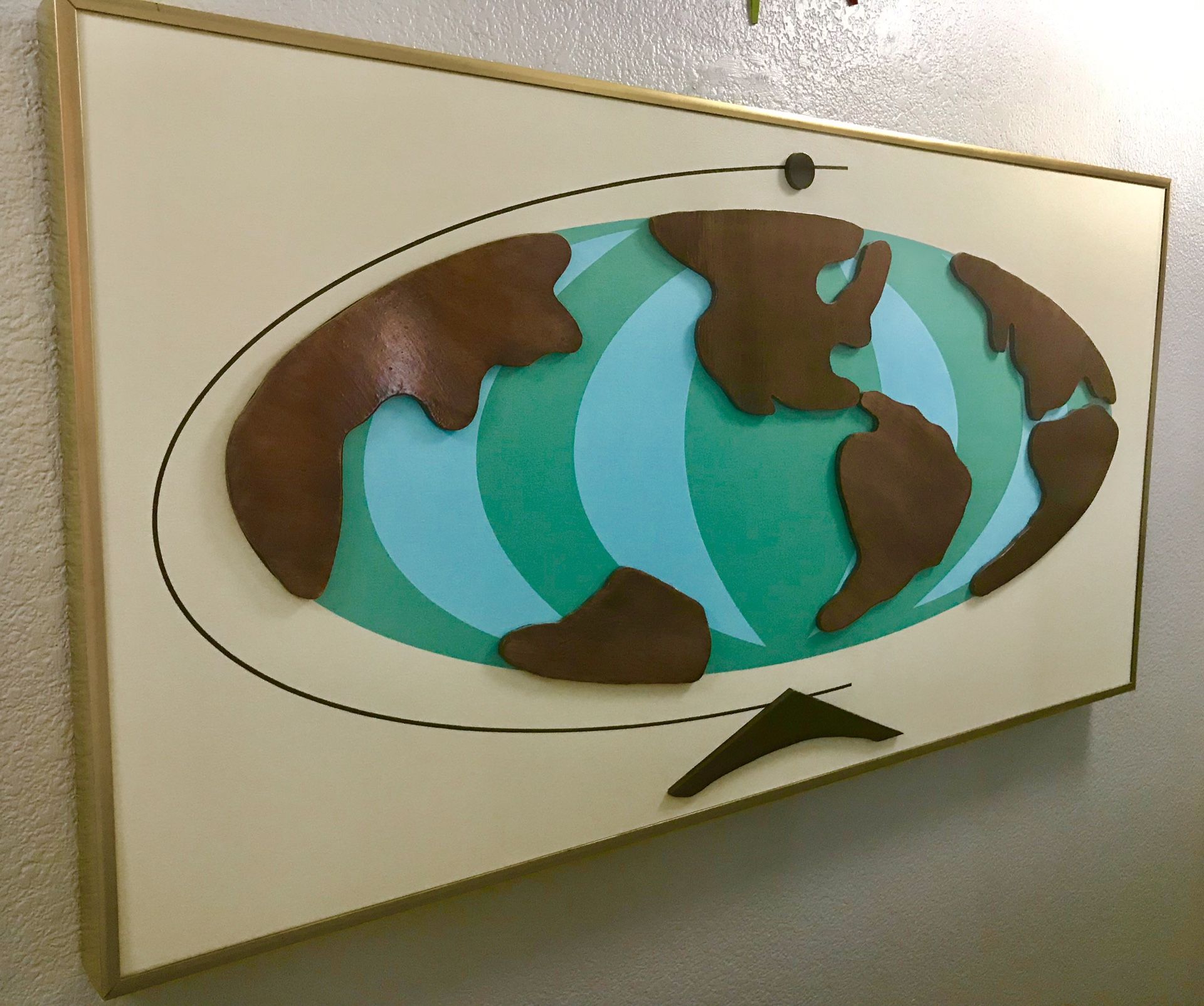 Oversized Witco Inspired World Globe On Canvas w/Walnut Continents Metal Gold Frame