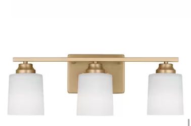 Vinton 20.75” 3-Light Bathroom Vanity Light – Satin Brass with Etched Glass Shades  Brand new / open box bathroom vanity light fixture Elegant traditi