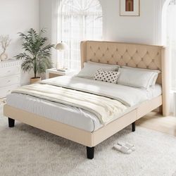 C344 $105 Queen Size Bed Frame with Button Tufted Wingback Headboard, Beige Modern Upholstered Platform Bed Frame, Strong Wood Slat Support, Under-Be
