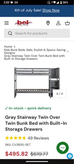 Gray Stairway Twin Over Twin Bunk Bed with Built-In Storage Drawers