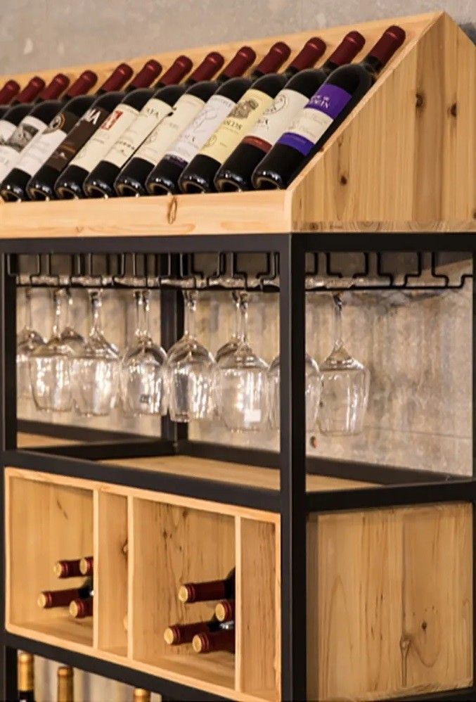 Industrial Standing Wine Rack Shelves with Glass Rack-A