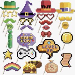 Minecraft Party Supplies(25Count), Funny Pixel Party Photo Booth Props for Boy Birthday Party Decorations, Crafting Cupcake Toppers Decor G