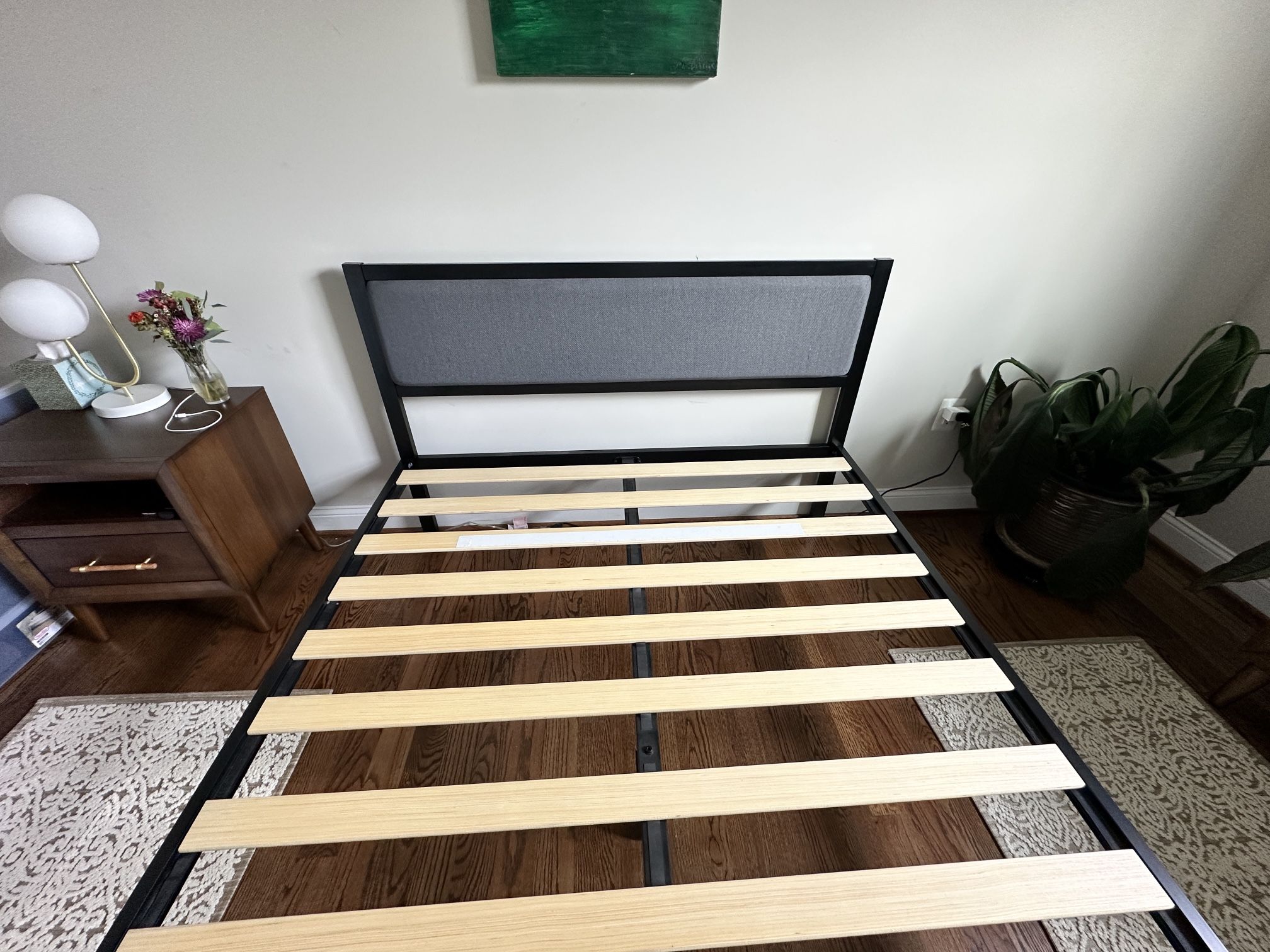 Metal Queen Bed Frame With Fabric Headboard 