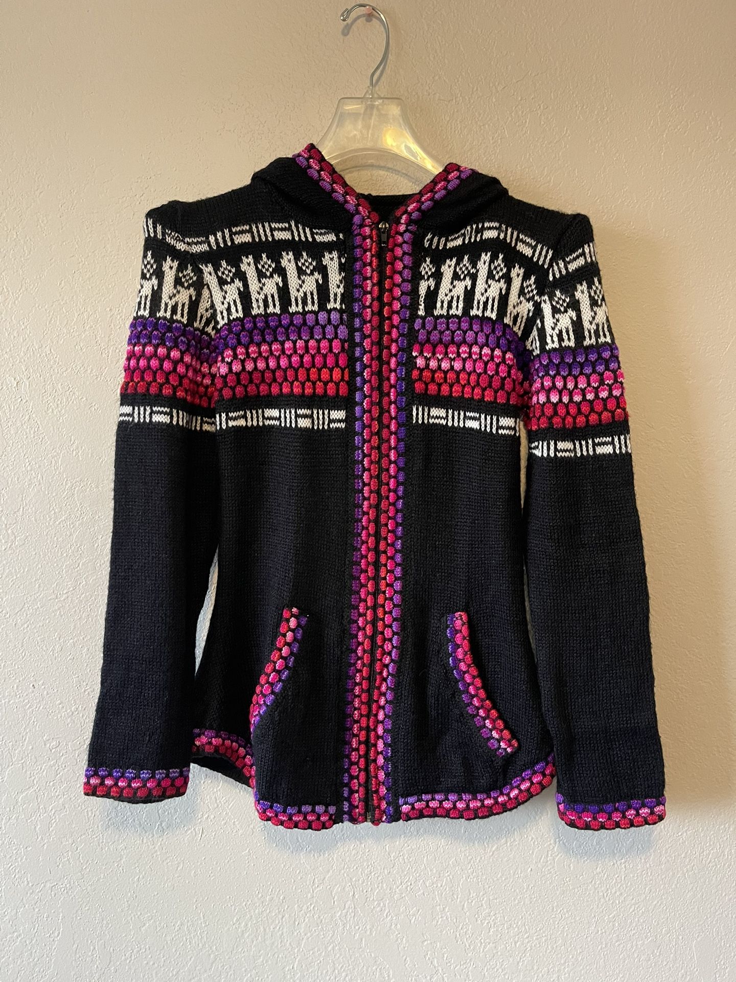 Women’s Black Purple & Pink Alpaca Zipper Front Pockets Hooded Jacket, Size S